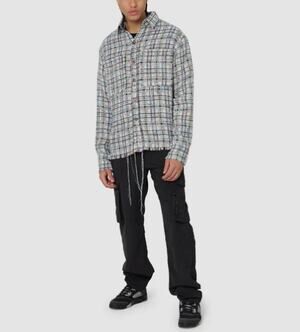 New mnml Raw Edge Textured Flannel Oversize Button Shirt in blue Men's S 3982